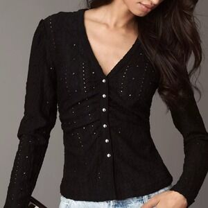 Anthropologie Maeve Whimsygoth Textured Eyelet Long Sleeve Top, Black, L